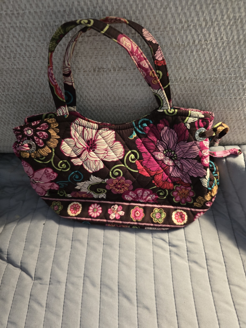 Vera Bradley Black Floral Quilted Shoulder Bag with Pink Accents